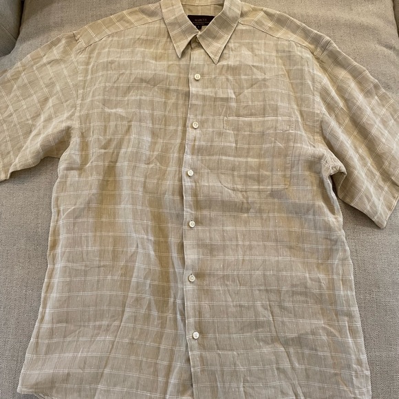 Neiman Marcus Collection Made in Italy Check Print Short Sleeve Linen Shirt L - Picture 2 of 5